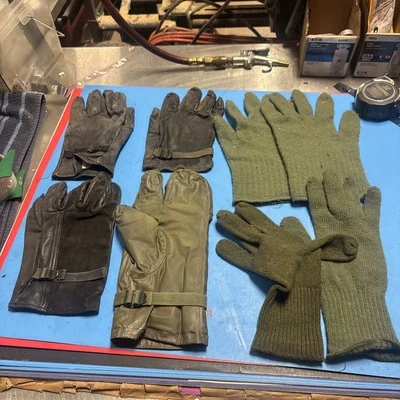 Vintage Military Glove Lot one pair of leather, two pair liners, 2 Single Gloves - Image 1 of 4