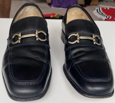 Salvatore Ferragamo Gancini Logo Loafers Black Silver Horse Bit Size 8 — 第 1/4 张图片