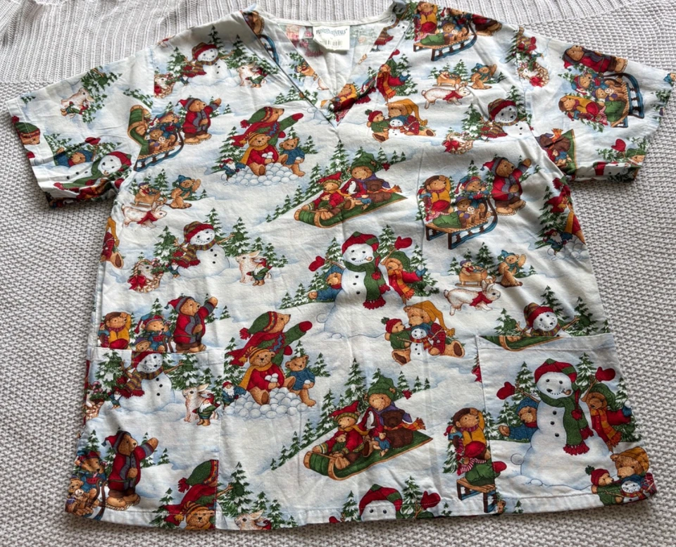Blusa Médica Vintage FUNdamentals M Invierno Osos Muñeco de Nieve Estampado Navidad 100% Algodón Foto 1 de 4