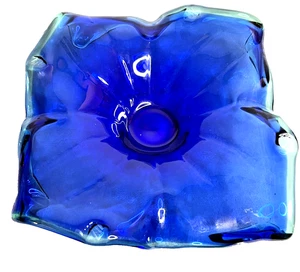 An Authentic Vintage Italian Murano Cobalt Blue Bowl w/ Green Ruffled Edges - Picture 1 of 9