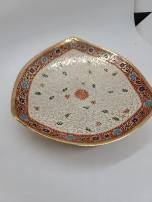 Rounded Triangle Brass Bowl painted Antique Bowls for Decoration Vtg Flower - Image 1 of 4