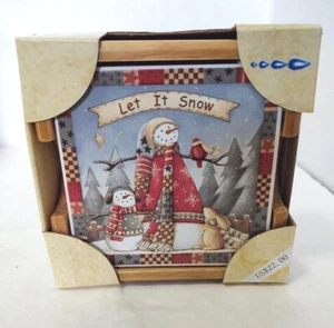 Drinking Stone Coaster Set Snowman Let It Snow In Wooden Box Set of Four - Picture 1 of 5