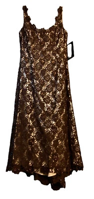NWT 6 4 2 Small Long Train Lace Dress Brown Overlay Lined Tank Sequins - Image 1 of 4