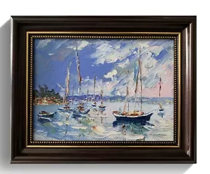 Landscape Harbor Serenity. Sunset. Yachts,sailing boats. ORIGINAL OIL PAINTING. - Picture 1 of 10