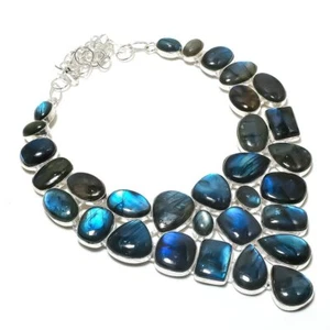 Natural Labradorite Gemstone 925 Sterling Silver Jewelry Necklace 18" E144 - Picture 1 of 7