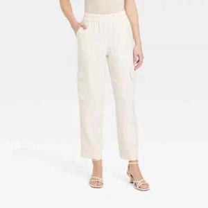 Women's High-Rise Pull On Ankle Cargo Pants - A New Day Cream Size Large - Picture 1 of 12