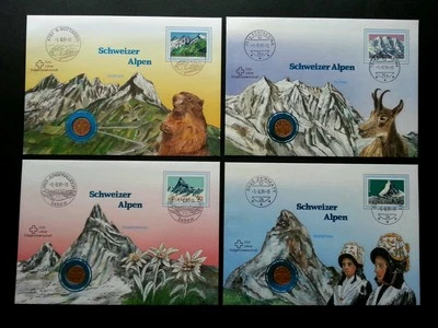 Switzerland Mountain 1991 Flower Deer Fauna FDC (coin cover 4's) *different PMK - Image 1 of 4
