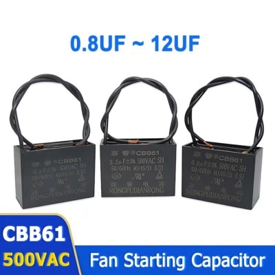 CBB61 Condensatore 500VAC 50/60Hz Ventilatore da Soffitto Motore Avviamento Condensatori 0.8uF-12uF - Immagine 1 di 4
