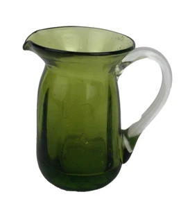 Pilgrim Glass Pitcher Hand Blown Mini 3.5 in. Olive Avocado Green Clear Handle - Picture 1 of 10