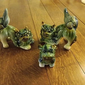 Blue Green Gold Foo Dogs Vintage Figurines Chinese Glazed Pottery Ceramic - Picture 1 of 13