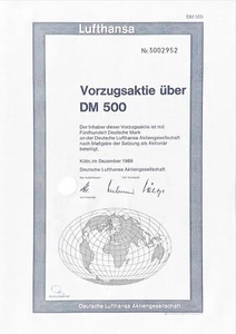 Deutsche Lufthansa Vorzugsaktie 500DM, historisches Wertpapier - Bild 1 von 1