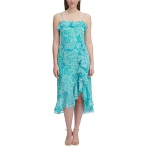 TOMMY HILFIGER Women's Paisley Print Chiffon Cascade-ruffle A-Line Dress TEDO - Picture 1 of 6