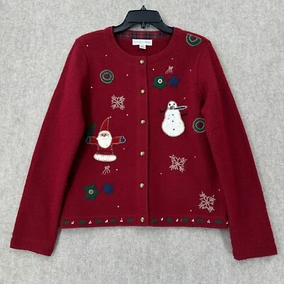 Vtg Casual Corner Cardigan Button Embroidered Sweater M Red 100% Wool Christmas - Image 1 of 4