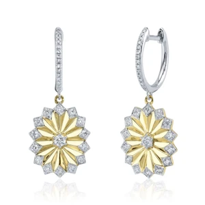 14K Gold Diamond Fluted Oval Earrings Rippled Yellow Drop Dangle 0.52CT Natural - Picture 1 of 2