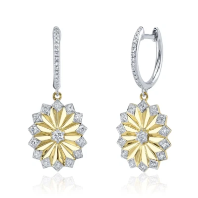 14K Gold Diamond Fluted Oval Earrings Rippled Yellow Drop Dangle 0.52CT Natural - Image 1 of 2