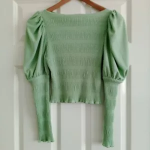 ASOS Pastel Green Long Leg of Mutton Sleeve Slit Neck Ruched Stretch Top Size 10 - Picture 1 of 24