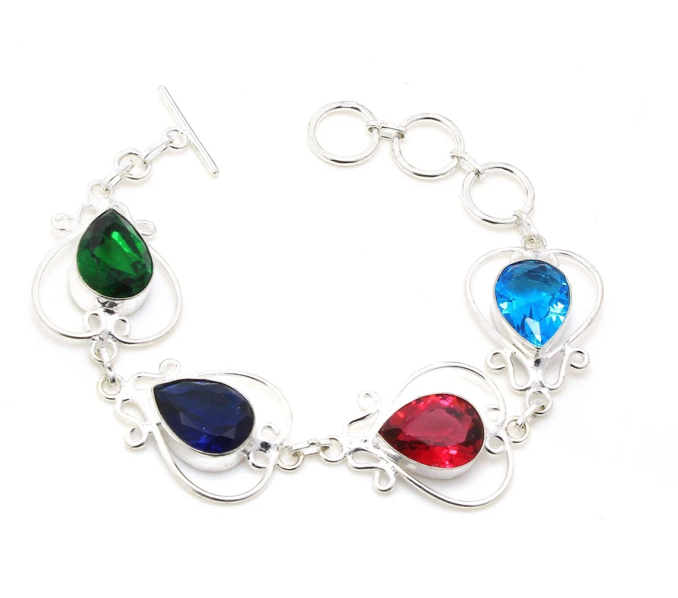 Pink Rubellite Gemstone Handmade 925 Sterling Silver Jewelry Bracelet Size 7-8" - Image 1 of 1