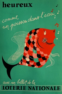Lotería francesa feliz como pez en el agua 1950 arte de pared vintage hogar - PÓSTER 20x30 Foto 1 de 4