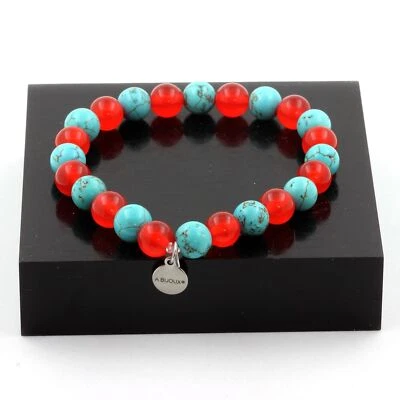 Steine Und Minéraux. Armband Perlen Türkis + Chalcedon Rot 8 Mm. Gemacht - Bild 1 von 4