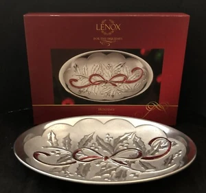 Lenox American by Design Holiday Carved 10" Oval Metal Tray Red Bow w/Box NWT - Picture 1 of 6