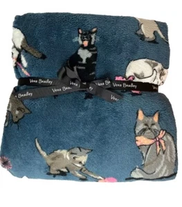 Neu Vera Bradley CAT'S MEOW Fleece Überwurf Decke 50" x 80" weich blau - Bild 1 von 3