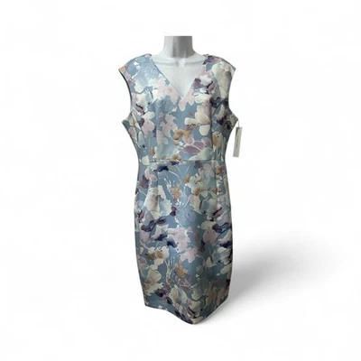 Calvin Klein size 14 light blue purple Floral V-Neck Dress new with tags sheath - Image 1 of 4