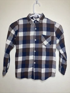 Brown, Blue, and White Checked Long Sleeve Flannel Boy's S Button Up Cowboy - Picture 1 of 5