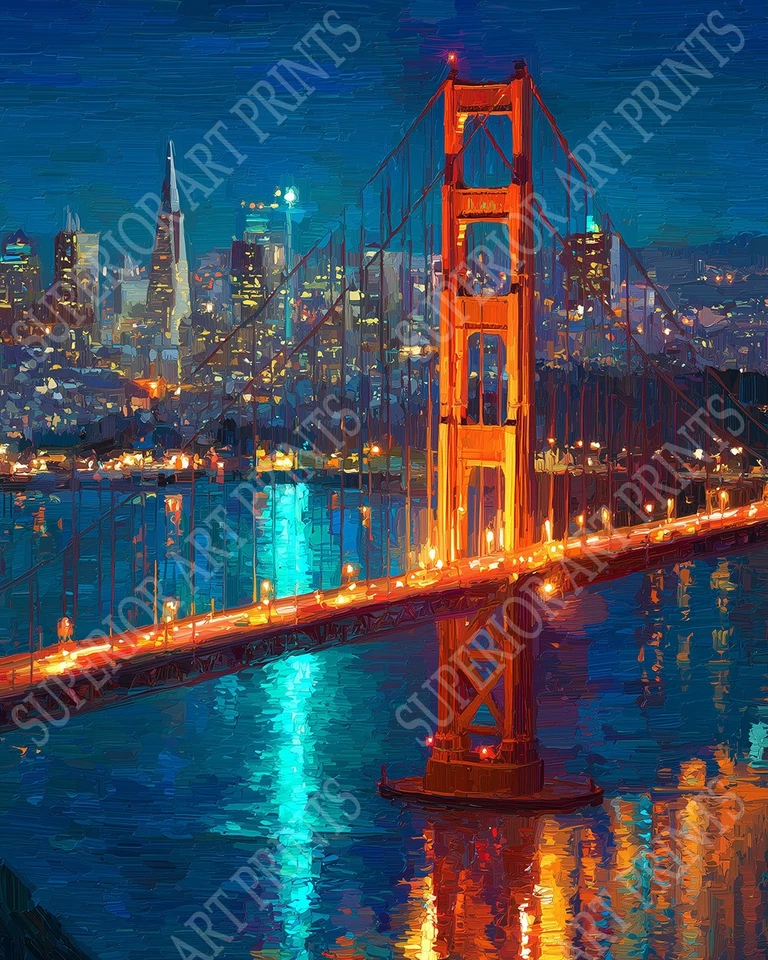 Golden Gate Bridge Art Print - 3 Sizes - Night in San Francisco Skyline Poster