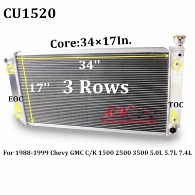 Radiador de 3 filas 34"x17" para camionetas Chevy C/K 1994-1999 C1500 C2500 C3500 5,7 L Foto 1 de 4