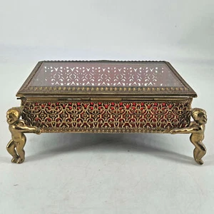 Vintage Messing Ormolu Schmuckkästchen Gold filigran abgeschrägt Glas Fuß Cherubs - Bild 1 von 4