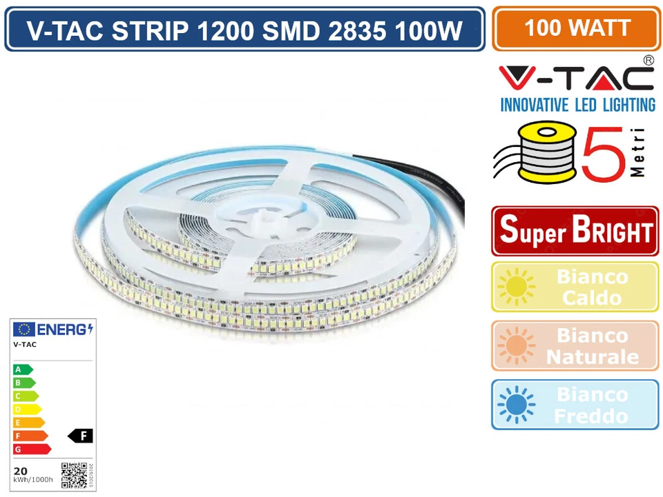 V-TAC VT-2835 Striscia LED 12V 240LED/mt SMD2835 20w/m strip 5Mt 2000lm/mt luce