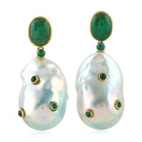 Valentine Gift Dangle Earrings Emerald Pearl 18k Gold Jewelry OPS-16443