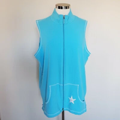 Quacker Factory Aqua Teal Sleeveless Full Zip Vest Pockets Star Sequins Sz Small - Image 1 of 4