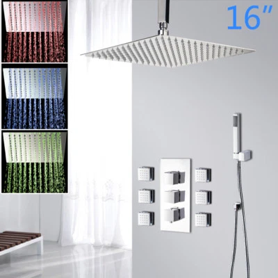 Set Rubinetto Doccia Pioggia 16" LED Soffione Doccia a Pioggia Mixer 6 Massaggio Corpo Getto Rubinetto - Immagine 1 di 4