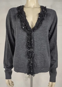 NWT J. Crew Collection gray black sequin V-neck Silk Merino Wool cardigan large - Picture 1 of 10