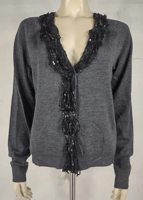 NUEVO CON ETIQUETAS J. Cárdigan Crew Collection Gris Negro Lentejuelas Cuello en V Seda Lana Merino Grande Foto 1 de 4