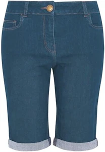 Pantaloncini da donna blu scuro elasticizzati in denim a 5 tasche passanti per cintura - Foto 1 di 3