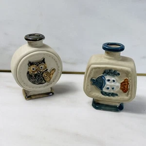 Japanese Pottery Bud Vases 4” Stoneware Slower Vessel Fish Owl Boho Chic - Picture 1 of 8