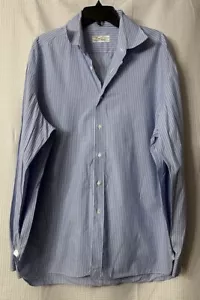 Borrelli Napoli Italy Mens Long Sleeve Blue White Button Shirt Size 17.5 44 - Picture 1 of 10