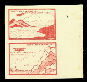 COLOMBIA 1920 AIRMAIL Plane & Mountains 10c brown red Sc# C11C+C11D setenant NH - Picture 1 of 2