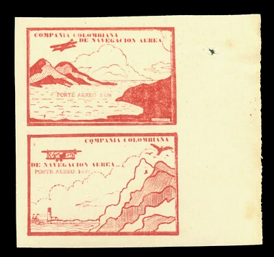 COLOMBIA 1920 AIRMAIL  Plane & Mountains 10c brown red Sc# C11C+C11D setenant NH - Image 1 of 2