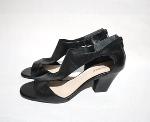 Diana Ferrari Size 7.5 Womens Black Leather Open Toe T Top Back Zip Block Heels - Picture 1 of 6