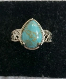 Mojave Blue Turquoise Solitaire Pear Stone Ring Size 9 Platinum Plated - Picture 1 of 8