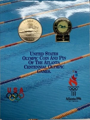 1996 S Atlanta Olympic Silver Half Dollar Swimming and Pin Set OGP   - Image 1 of 4