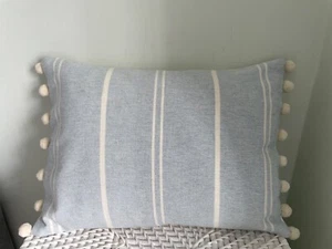 Susie Watson Vintage Stripe True Blue /Plain Back Iv Pom Pom cushion cover - Picture 1 of 3