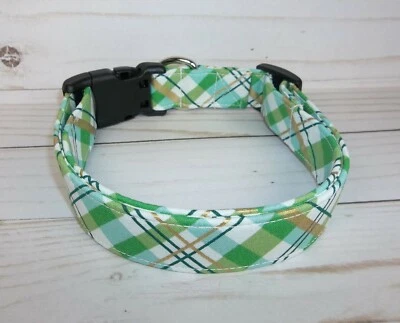 Boy Green Gold Plaid Terri's Dog Collar handmade Spring St. Patrick's Day adjust - Image 1 of 4