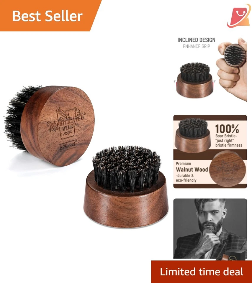 Beard Brush for Men - Boar Bristles Small and Round Black Walnut Wood