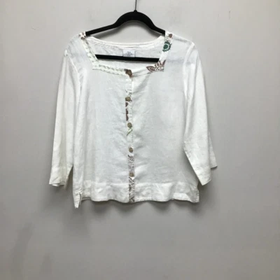 Hot Cotton Womens Button Up Shirt Ivory Brown Floral Square Neck Petites S - Image 1 of 4