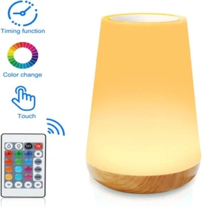 LED Touch Nachttischlampe aus Holz, Dimmbar Tischlampe, Fernbedienung 13 Farben - Bild 1 von 15