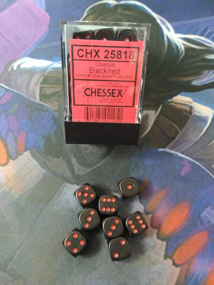 Chessex CHX 25818 - Set of 36 12mm D6 - Opaque Black/Red - Image 1 of 1